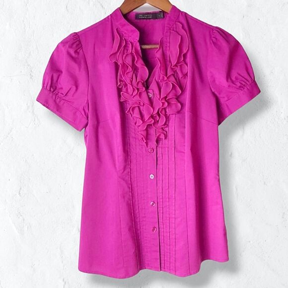 The Limited Tops - The Limited Magenta Fuschia Ruffled Blouse with Puffy Button Sleeves Sz S
